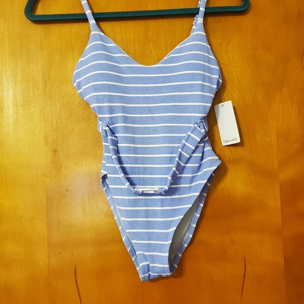 NWT Splendid Atmospheric Belted Swimsuit Blue White Stripe S